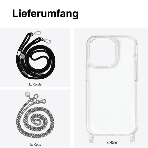 Handyhülle iPhone 14 EleganceAura Set Handykette aus Metall und Kordel - Jalouza