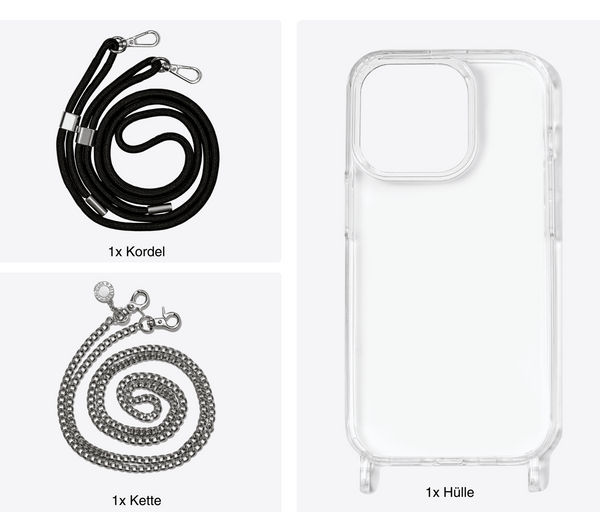 Handyhülle iPhone 15 Plus Handykette EleganceAura Metall - Kordel Noa Pro im Set - Jalouza