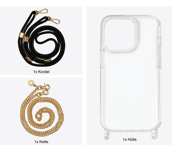 Handyhülle iPhone 15 EleganceAura Handykette aus Metall und Kordel Noa Pro im Set - Jalouza